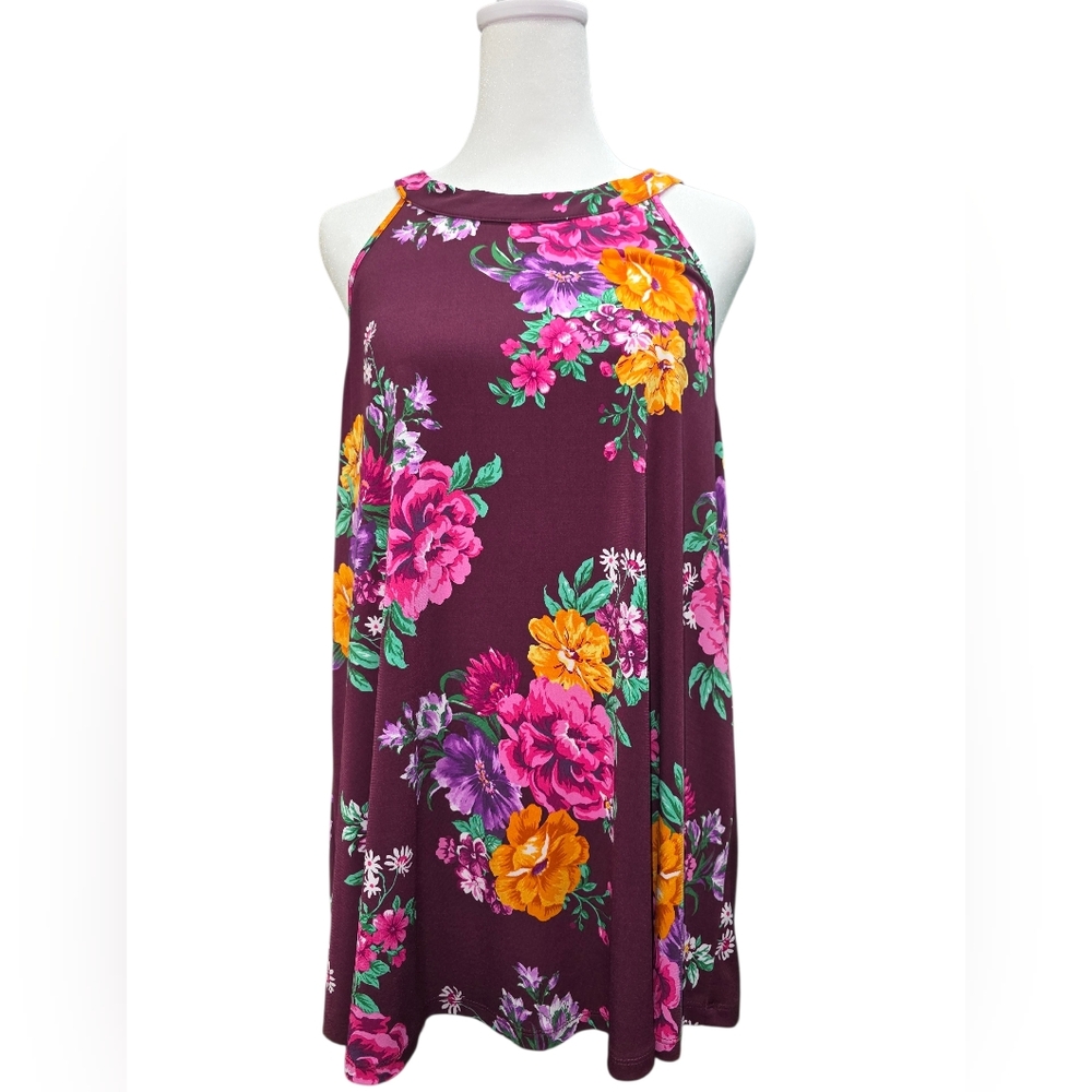 Torrid Floral Halter Tunic Top Size 00 Keyhole Back Burgundy Purple Swing Tank